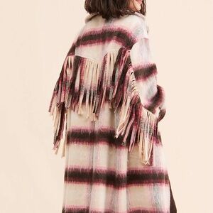 Free People Bali Pressley Wool long Duster coat fringe plaid Oversized XS/S